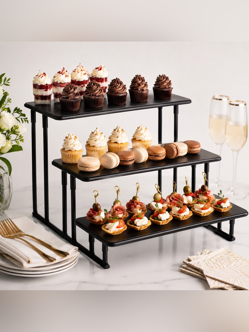 American Metalcraft ISP18 3-Tier Buffet Display Stand Black Catering Riser NWT